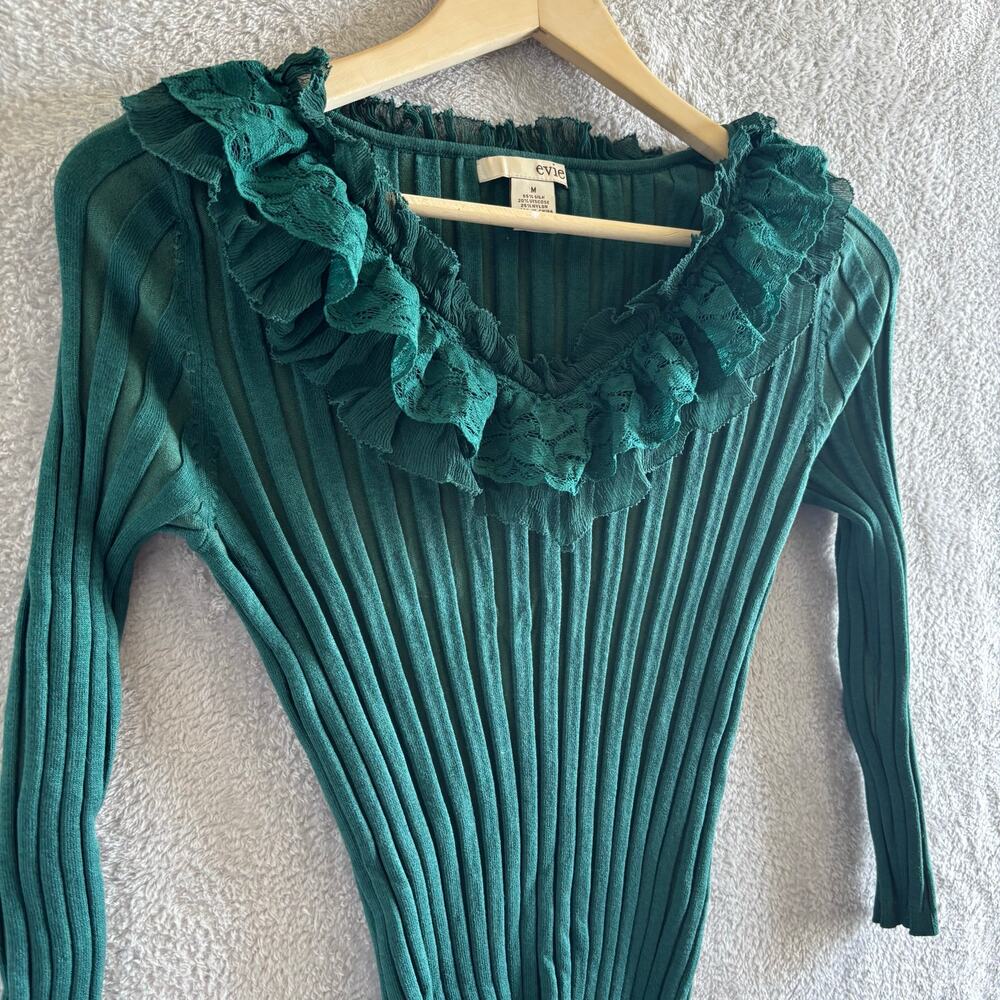 Vintage Evie Silk Ribbed Top Medium Victorian Green Lace Collar Holiday